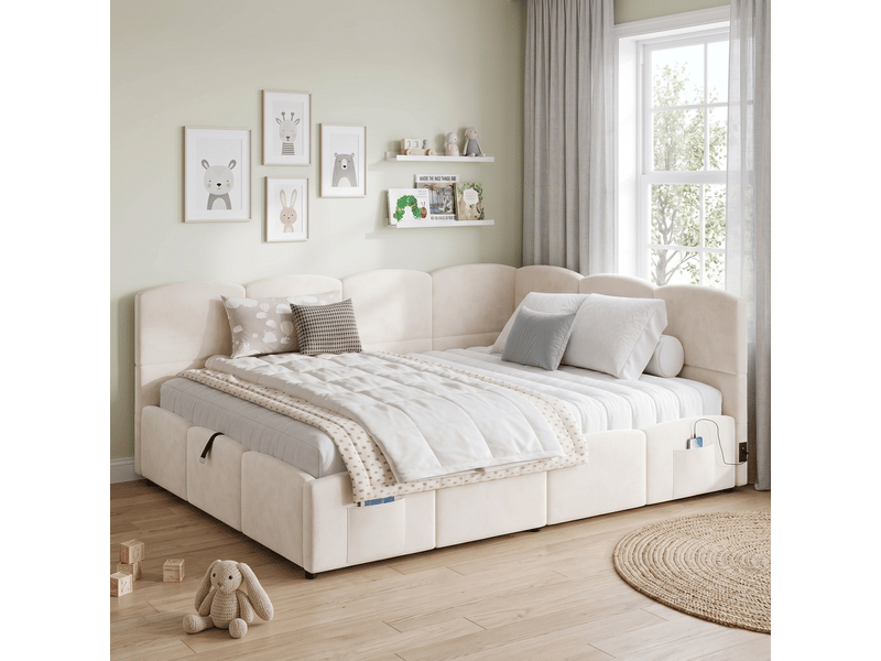  Lit coffre rembourré canapé-lit 140x200 cm enfant adulte rangement sommier lattes usb poche velours beige sans matelas  - Conforama E