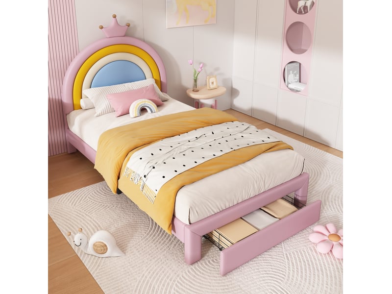  Lit enfant 90x200 cm, tête de lit arc-en-ciel couronne réglable 2 hauteurs, tiroir au pied, pu rose, sans matelas  - Conforama B