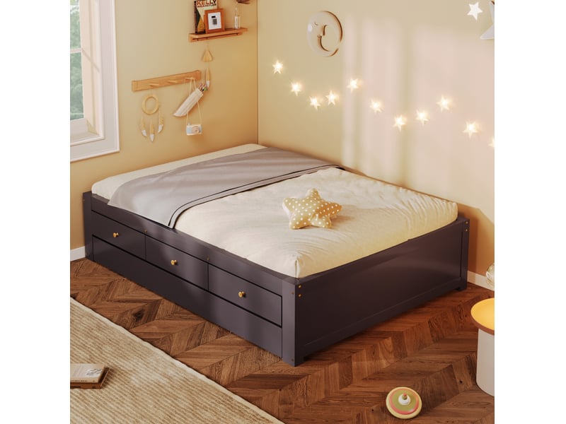  Lit 90x200 cm avec 3 tiroirs et lit gigogne en mdf et bois couleur marron café sans matelas  - Conforama E