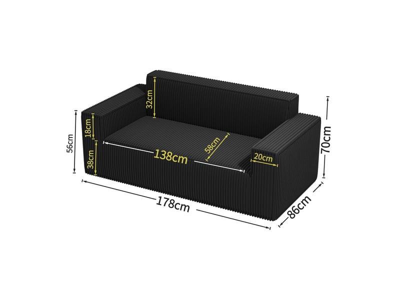 Canapé 2 places en velours côtelé, 58cm profondeur d'assise, 178x86x70cm, noir  - Conforama E