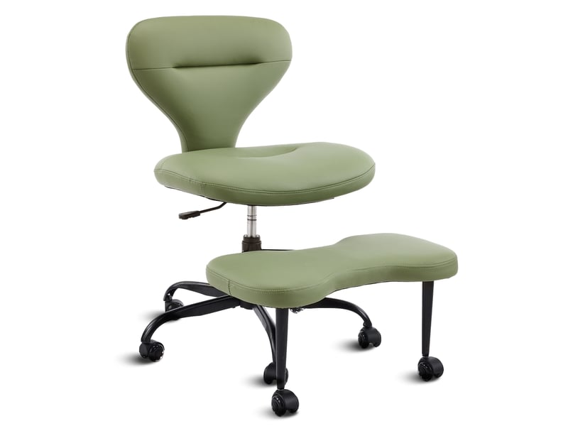 Chaise de bureau jambes croisées vert en simili cuir, hauteur réglable, repose-pieds rétractable, roulettes silencieuses - Conforama A