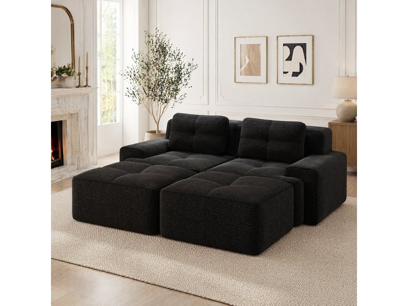  Canapé modulable 2 places en velours côtelé noir avec ottoman  - Conforama C