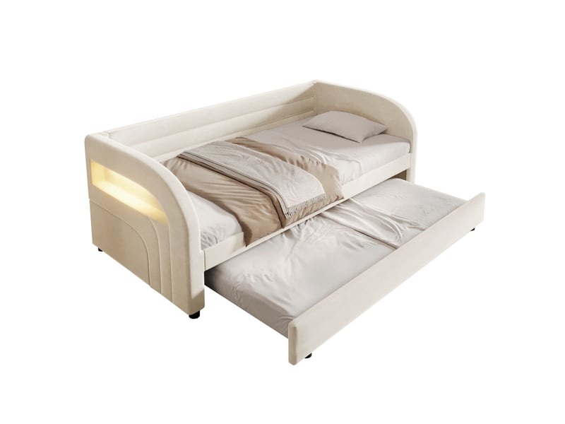  Lit banquette simple 90×200 cm avec lit gigogne et led - okmyhome- en flanelle beige, sans matelas  - Conforama A