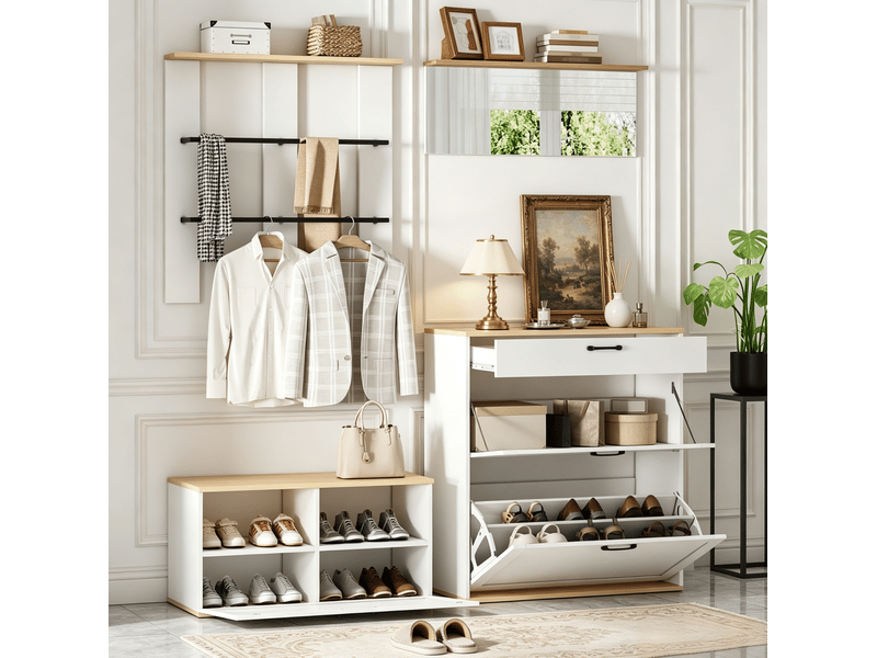  Ensemble vestiaire modulable 156x36x176 cm, meuble à chaussures, miroir, tringles, mdf, blanc et bois naturel  - Conforama D
