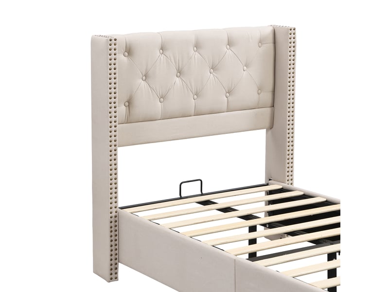  Lit enfant 90x200cm avec sommier à lattes et tête de lit, en velours, sans matelas, beige  - Conforama E