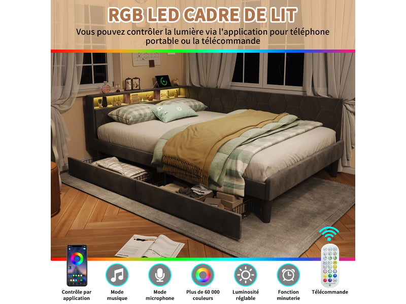 Lit banquette 140x200 cm avec led rgb et usb chargeur, canapé-lit rembourré avec rangement et tête de lit capitonnée lit ado avec tiroirs et cadre de lit à lattes gris velours, sans matelas - Conforama E