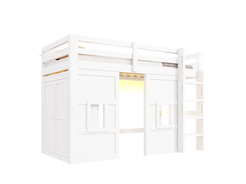 Lit mezzanine en bois, 90 x 200 cm, avec armoire intégrée, 2 fenêtres et éclairage led, blanc  - Conforama A