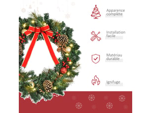 Couronne de noël artificielle lumineuse avec 20 led de - décorée de houx et de pommes de pin 60 cm