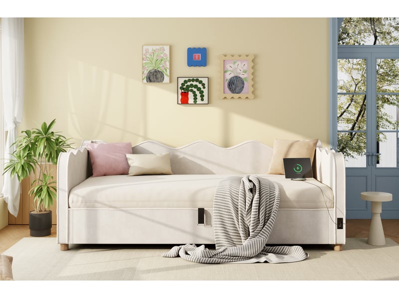  Lit banquette coffre 90x200 cm lit enfant en velours beige avec usb et type-c  - Conforama W