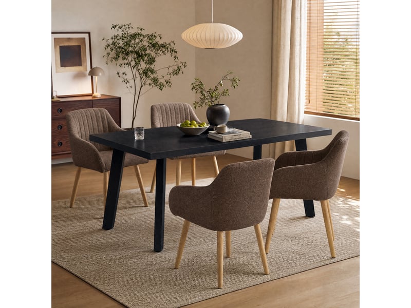  Ensemble table et 4 chaises - table rectangulaire 160x80 cm monobloc en chêne noir et pieds métal, 4 chaises en tissu marron moka et pieds bois  - Conforama A
