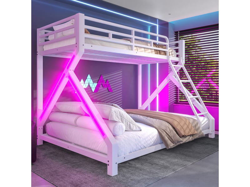  Lit superposé enfant 90x200140x200 cm en métal, avec led, échelle, barrières de sécurité, sans matelas, blanc  - Conforama E