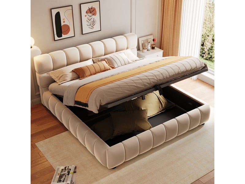  Lit coffre 140 × 200 cm 2 places avec rangement hydraulique et tête rembourrée, sans matelas, velours beige  - Conforama C