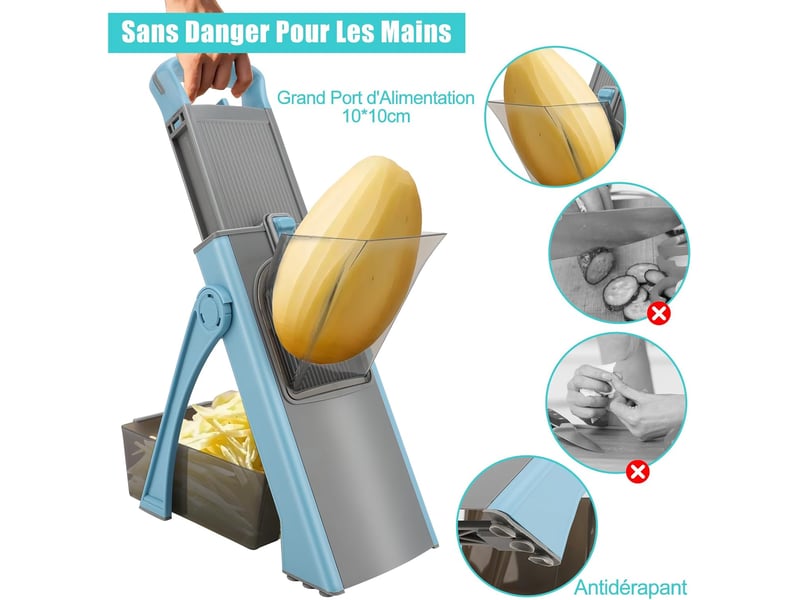  Mandoline cuisine manuelle, safety slicer coupe frites légume multifonction hachoir manuel épaisseur ajustable, bleu  - Conforama B