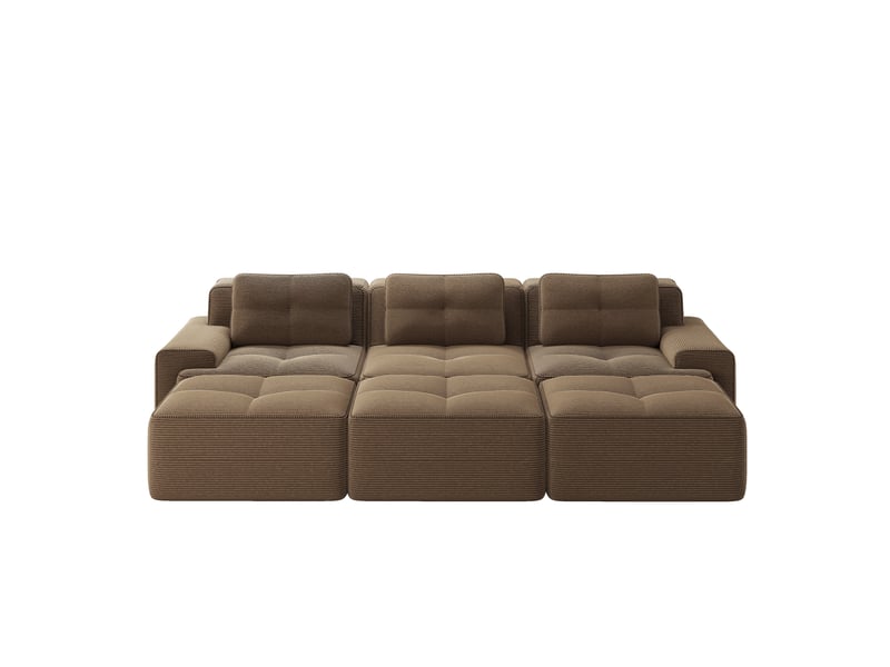  Canapé d'angle modulable 3 places avec fonction couchage et 3 poufs en velours côtelé marron, 293 × 177 × 69 cm  - Conforama A
