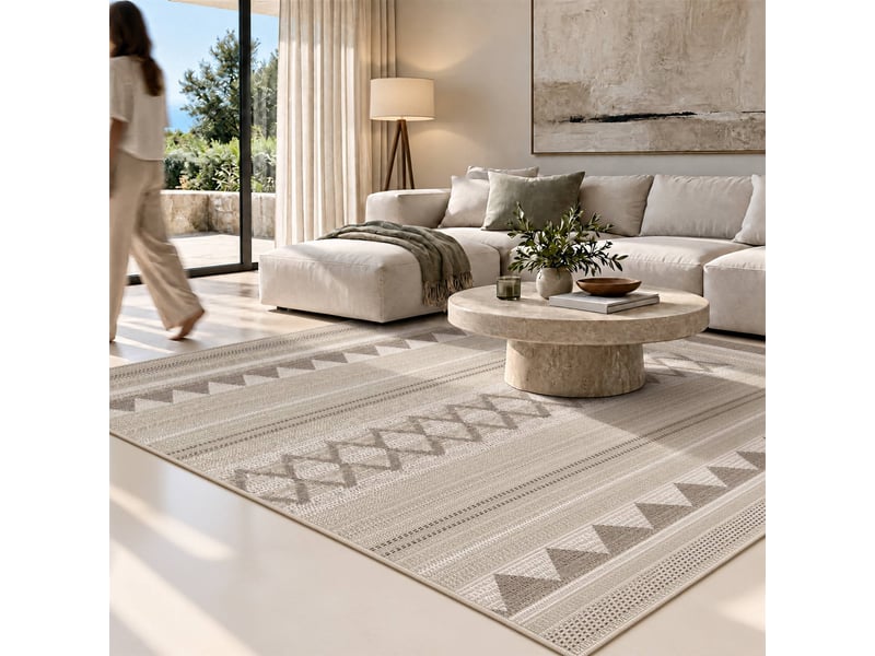 The white stone tapis extérieur motif ethnique 200x290 cm beige | pour intérieur et extérieur, résistant aux uv et à l'eau, lavable | tapis en polypropylène tissé à plat effet sisal  - Conforama E