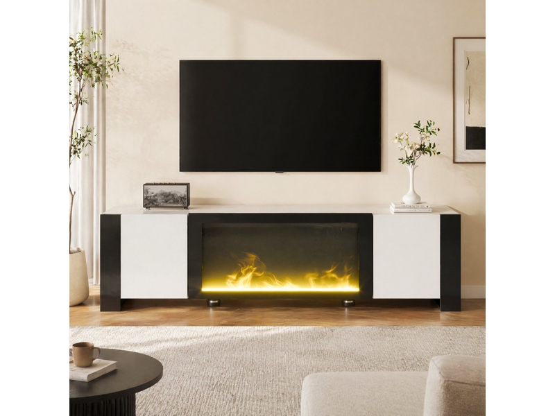  Meuble tv 165x32x55 cm, cheminée décorative sans chauffage, 2 portes, panneau de particules, blanc et noir  - Conforama D