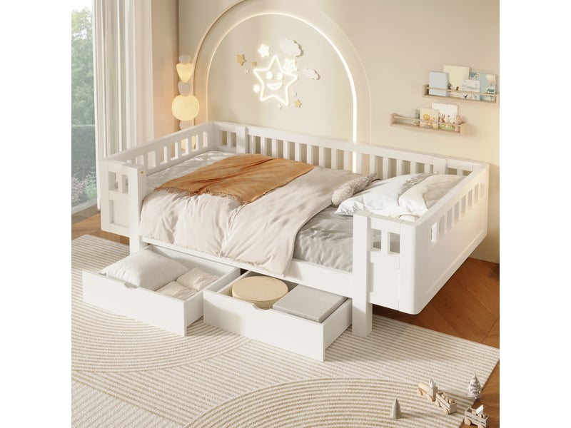  Lit enfant modenvie 90 x 200 cm avec barrière de protection et 2 tiroirs de rangement, blanc  - Conforama B