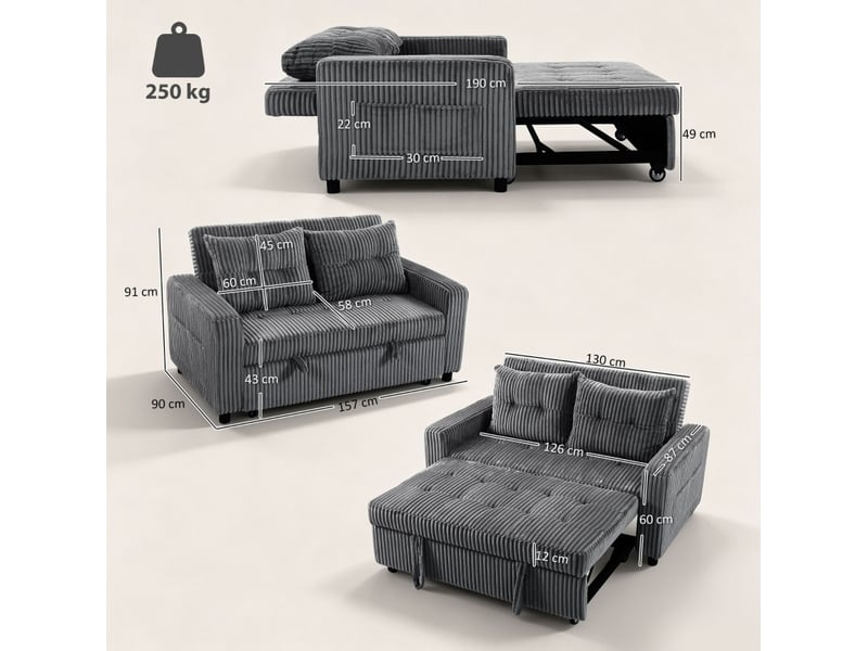 2-sitzer sofabett, cordbezug, zum schlafsofa umwandelbar, 2 kissen, seitentaschen, 157 x 190 cm, dunkelgrau - Conforama E