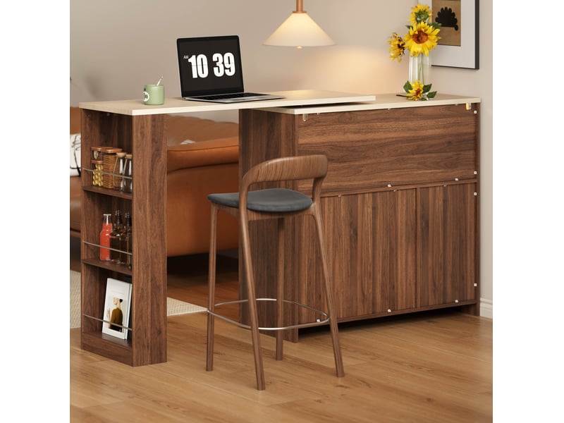 Îlot de cuisine avec plateau pivotant à 360°, 3 tiroirs, porte en verre trempé et éclairage led, naturel - Conforama E