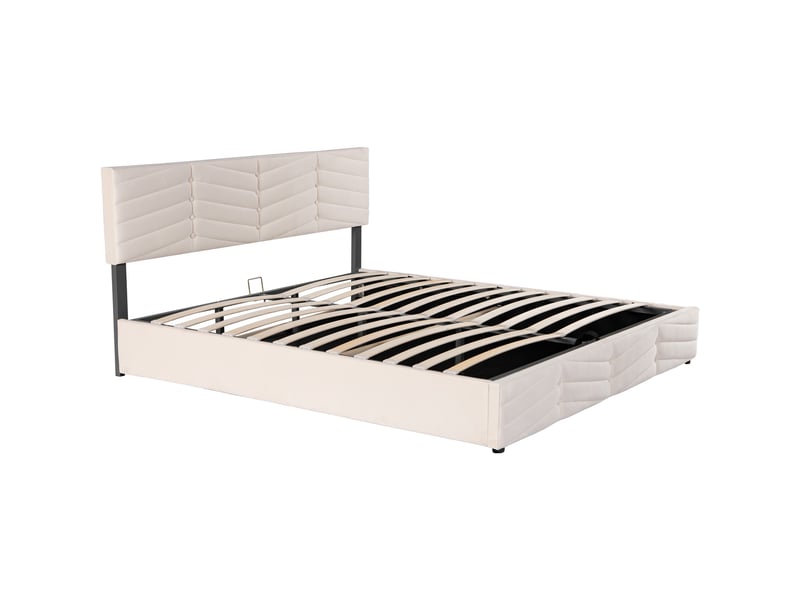  Lit double 160x200 cm velours beige – tête de lit rayée réglable avec coffre hydraulique  - Conforama D