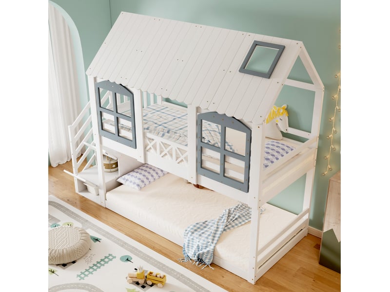  Modenvie lit superposé enfant 90x200 cm - avec toit, fenêtres et escalier de rangement - sans matelas - blanc  - Conforama E