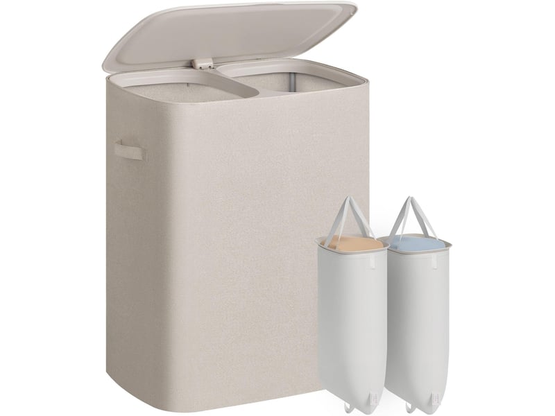  Panier à linge 2 compartiments 56 x 40,5 x 75 cm avec couvercle sacs amovibles style moderne buanderie en plastique beige clair 12_0013100  - Conforama A