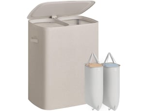 Panier à linge 2 compartiments 56 x 40,5 x 75 cm avec couvercle sacs amovibles style moderne buanderie en plastique beige clair 12_0013100