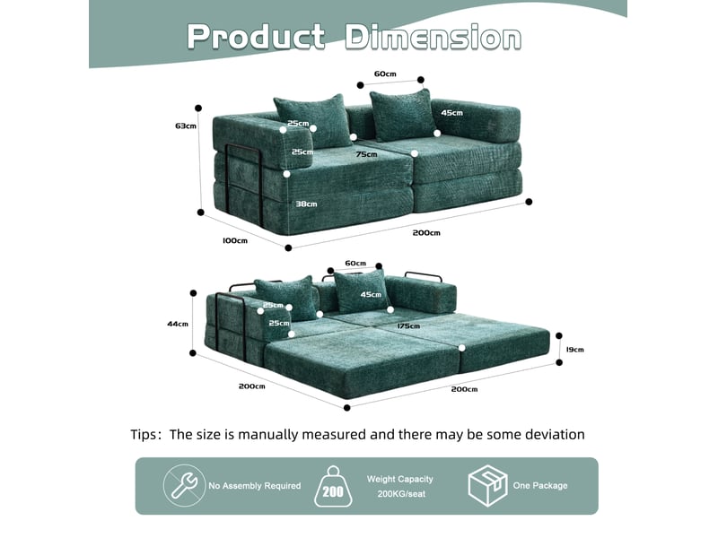  Canapé convertible au sol 2 places modulable avec fonction couchage sans montage en chenille vert foncé  - Conforama D