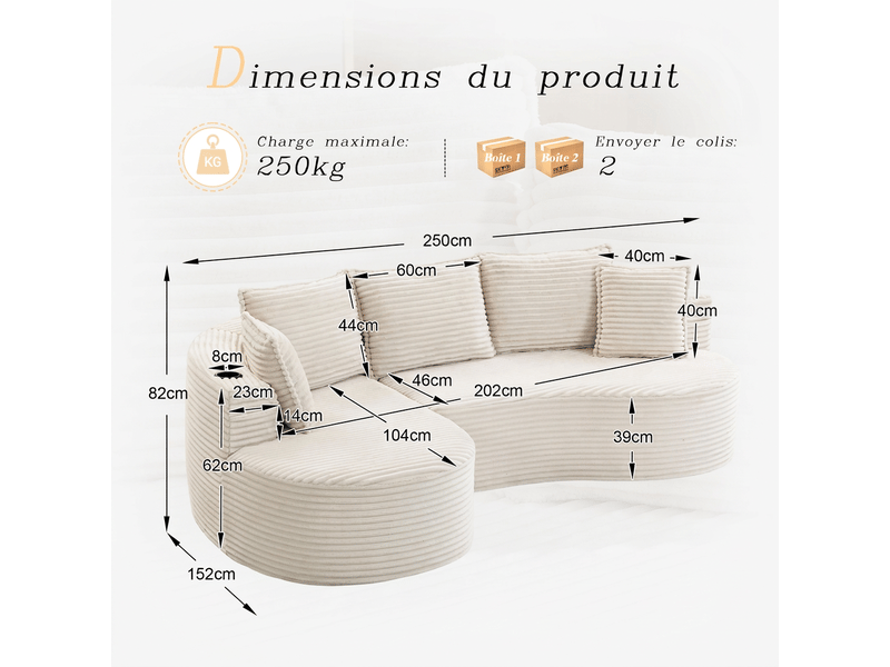 Canapé incurvé en velours côtelé avec porte-gobelets 250x152x82 cm - coussins et poches latérales - Conforama C