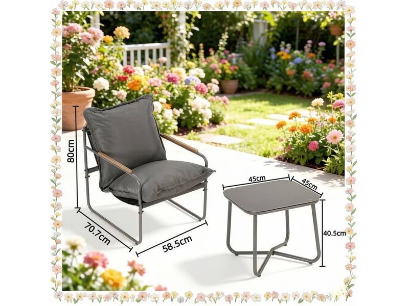  Salon de balcon 2 fauteuils 70,7x58,5x80 cm, table 45x45 cm gris métal et verre, coussins inclus  - Conforama C