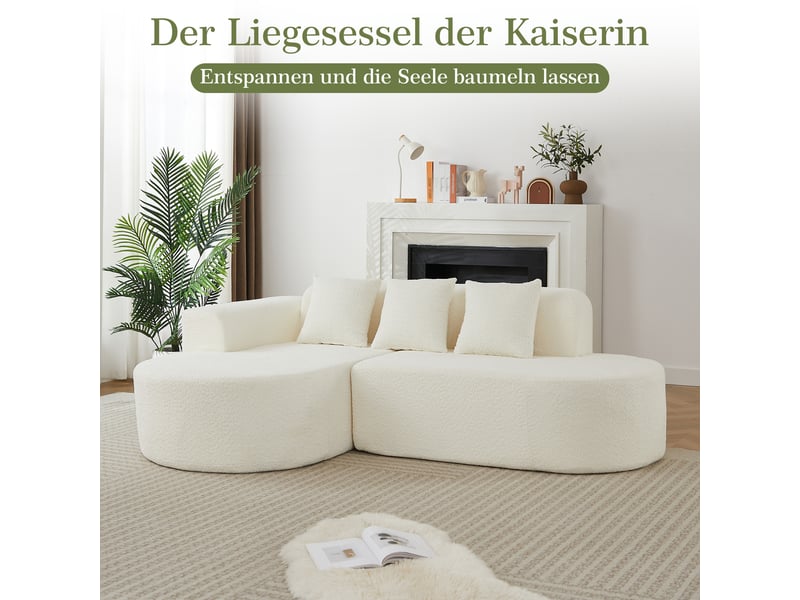 Canapé d’angle en l 3 places 222x157x73 cm avec méridienne gauche, formes arrondies style wabi-sabi, 3 coussins dossier, chenille beige - Conforama E