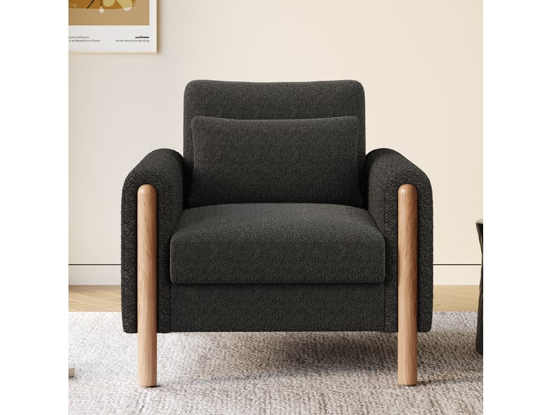  Fauteuil 1 place en tissu bouclette gris foncé avec coussin d'assise amovible  - Conforama D