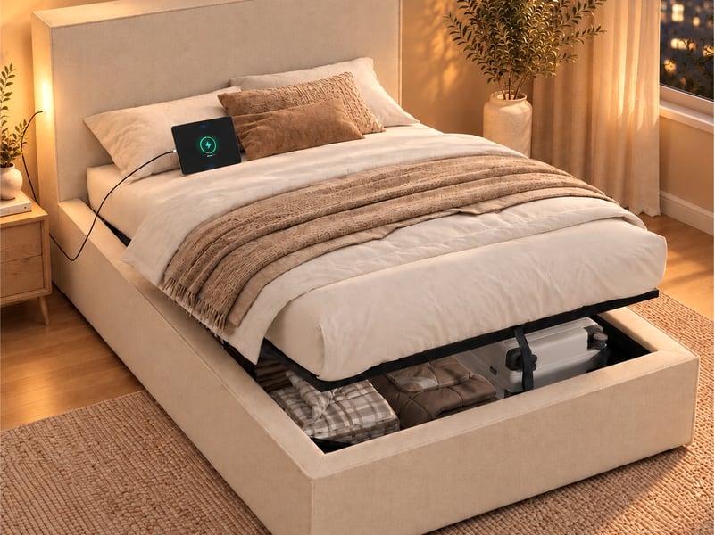 Lit coffre 90 x 200 cm, avec sommier, tête de lit et grand espace de rangement, chenille beige - Conforama B