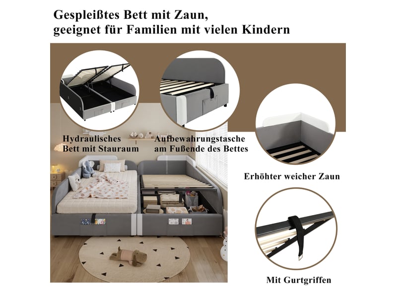  Lit coffre enfant 90x200 cm, avec lit enfant combiné double, rangement, sommiers, velours, gris et blanc, sans matelas  - Conforama D
