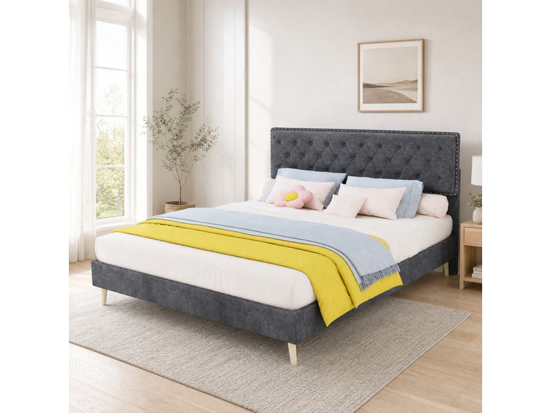  Lit adulte 160 x 200 cm, sans matelas, velours gris, doté de tête de lit moelleuse et sommier, lit 2 places  - Conforama B