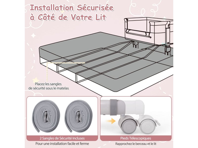  Costway lit cododo bébé pliable, hauteur réglable, matelas, inclinaison &amp; 2 sangles, roues avec frein (rose)  - Conforama D