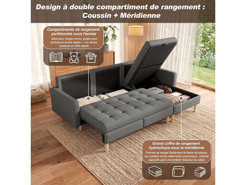  Canapé d'angle avec rangement convertible 212 x 130 x 86 cm - méridienne réversible 3 places  - Conforama R