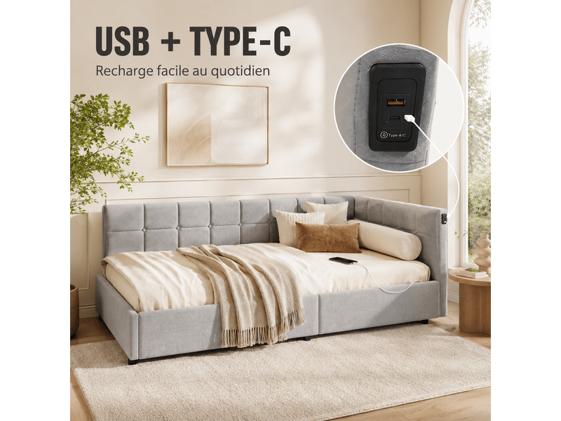 Lit coffre enfant 90x200 cm - éclairage led rgb et charge usb et type c - rangement hydraulique - canapé lit une place 1 personne - Conforama C