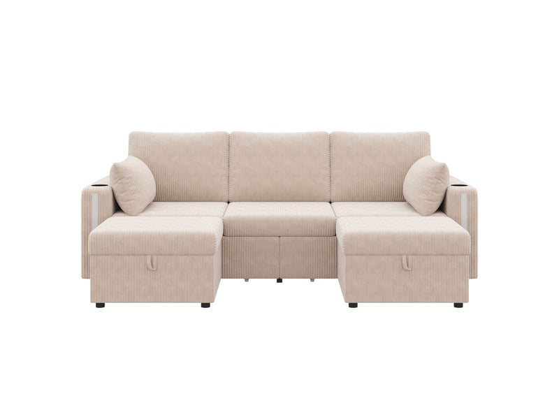  Canapé d'angle  en ul ,5 places,avec 2 tabourets avec espace de rangement ,190 ×130×85cm,beige  - Conforama A