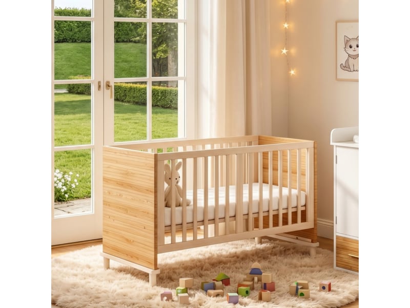 Lit bébé bois naturel 70x140x87 cm, barreaux sur 4 côtés, sommier réglable sur 5 niveaux, pieds renforcés, sans matelas  - Conforama B