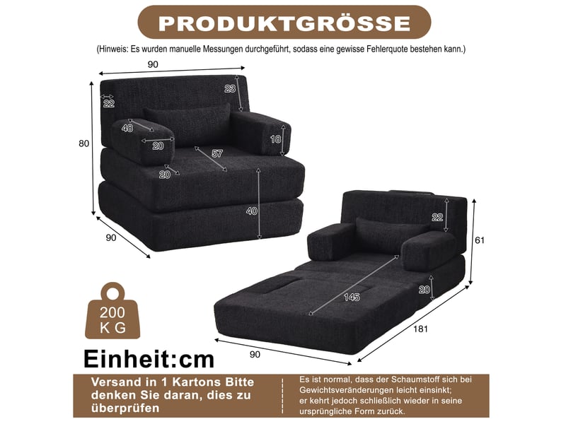  Fauteuil 2-en-1 modulable en tissu chenille noir  - Conforama C