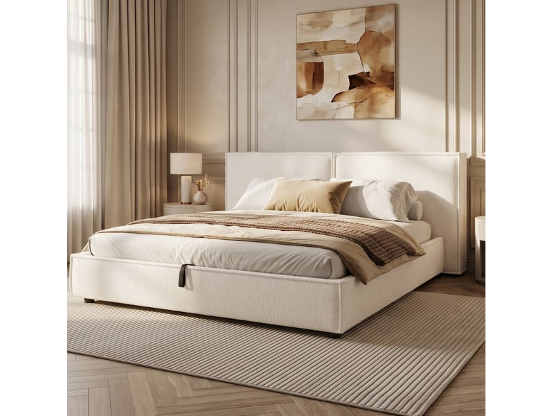  Lit double 180 × 200 cm avec coffre hydraulique, sommier à lattes et tête de lit rembourrée en tissu bouclette blanc  - Conforama B