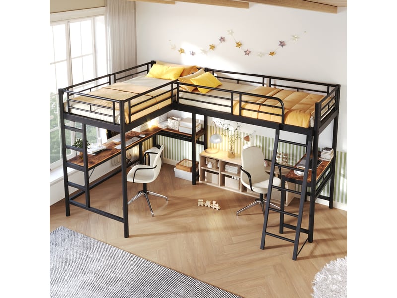  Lit mezzanine, 90 × 200 cm, noir, bureau, barrières, marches, deux couchages, double escalier, garde-corps haut  - Conforama E