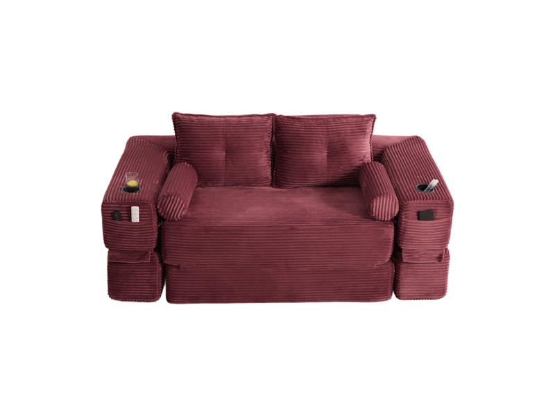  Canapé droit convertible 2 places en velours côtelé rouge 180x98x80 cm, avec poches, porte-gobelet, salon séjour 180x98x80cm - Conforama A