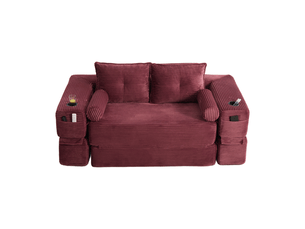 Canapé droit convertible 2 places en velours côtelé rouge 180x98x80 cm, avec poches, porte-gobelet, salon séjour