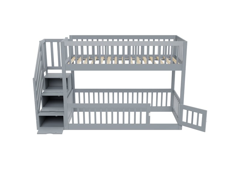 Lit superposé enfant 90 x 200 cm gris en bois, escalier à tiroirs et coin lecture sous le lit pratique - Conforama D