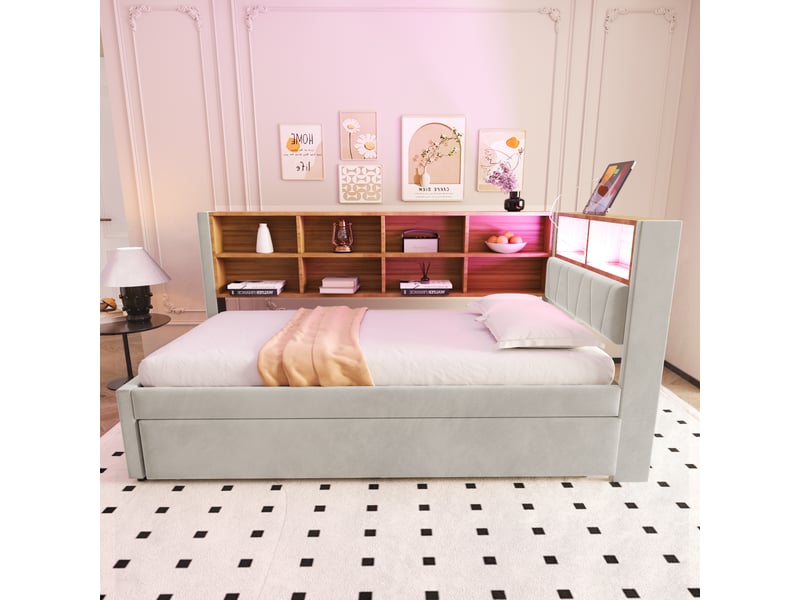 Lit gigogne enfant 90x200 + 90x190 cm avec led, prises, rangement, sommier et canapé-lit, flanelle, gris clair, sans matelas - Conforama W
