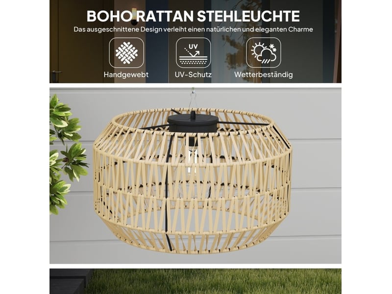 Lampadaire solaire d'extérieur 44 x 32 x 178 cm noir et jaune, rotin pe et acier, capteur de lumière, ip44 - Conforama E