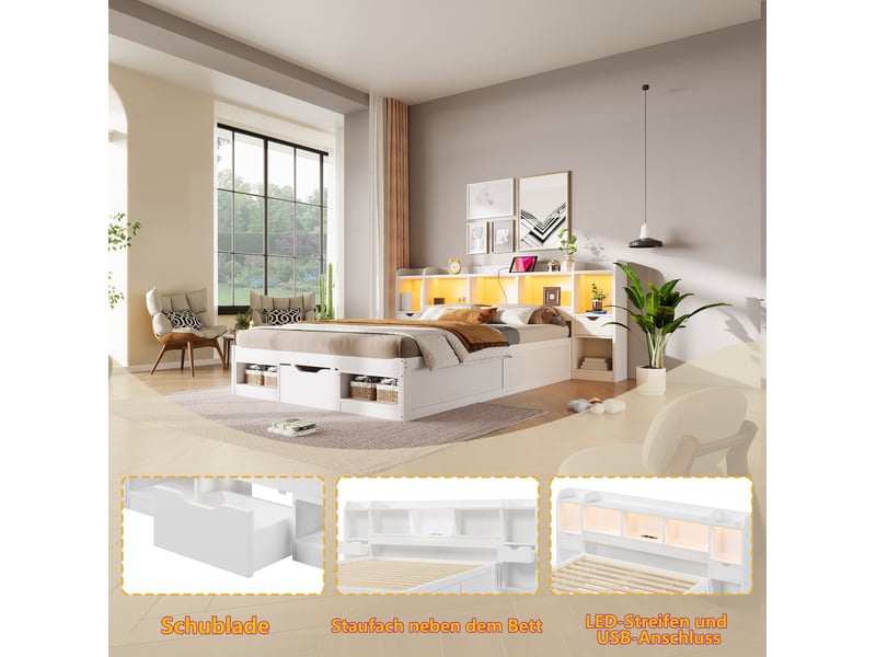  Lit double 140 × 200 cm avec 3 tiroirs, niches, led à 7 couleurs et port usb en mdf et contreplaqué pour chambre  - Conforama E