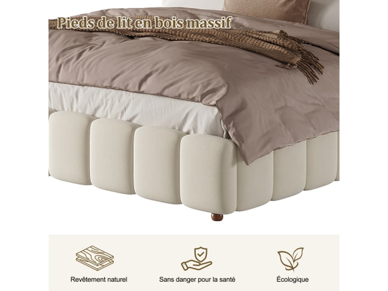  Lit double capitonné 160x200 cm - vérin hydraulique, sommier à lattes, tête de lit rembourrée, velours beige  - Conforama E
